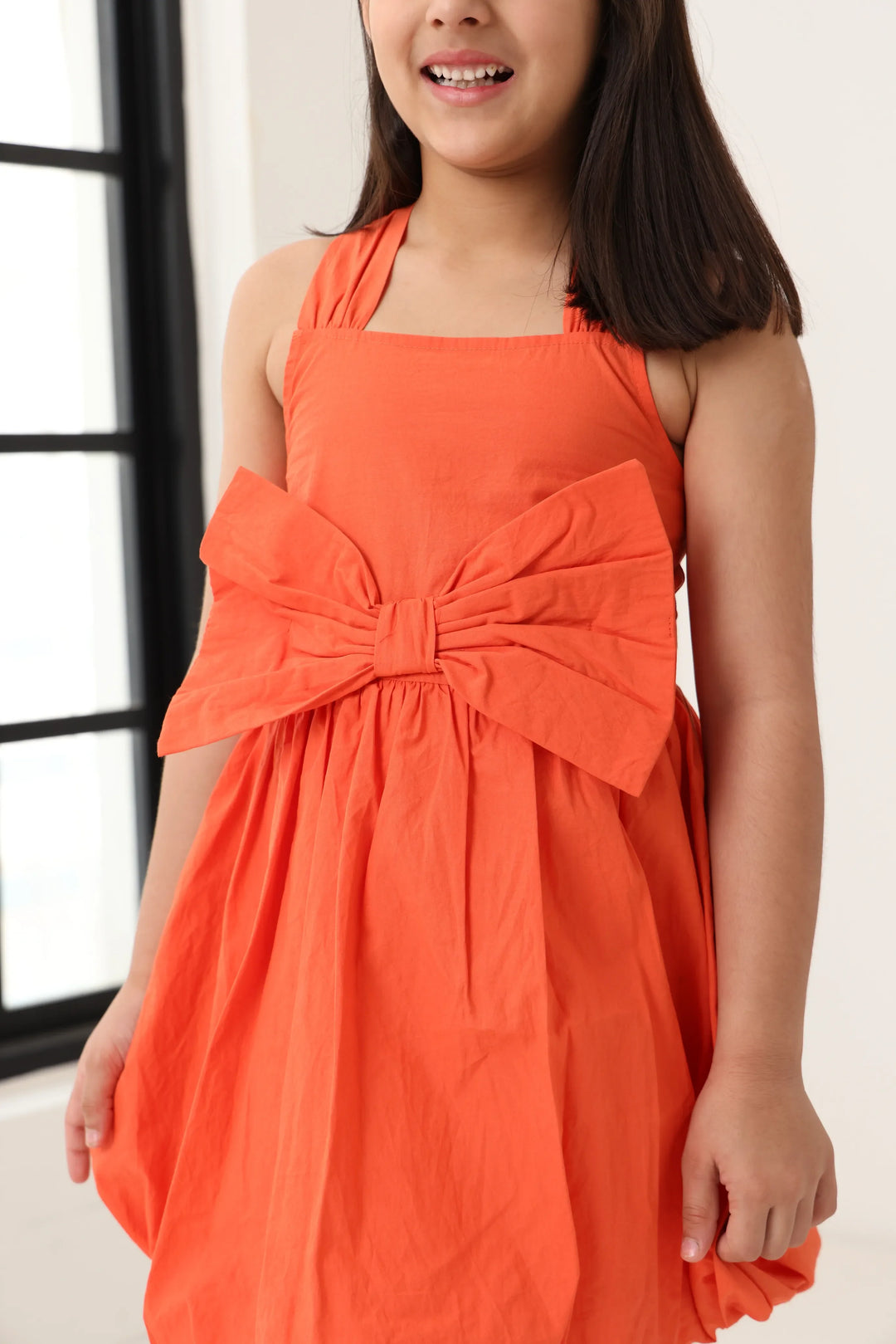 Spunkies Orange Girls Smocked Square Neck Sleeveless A-Line Dress