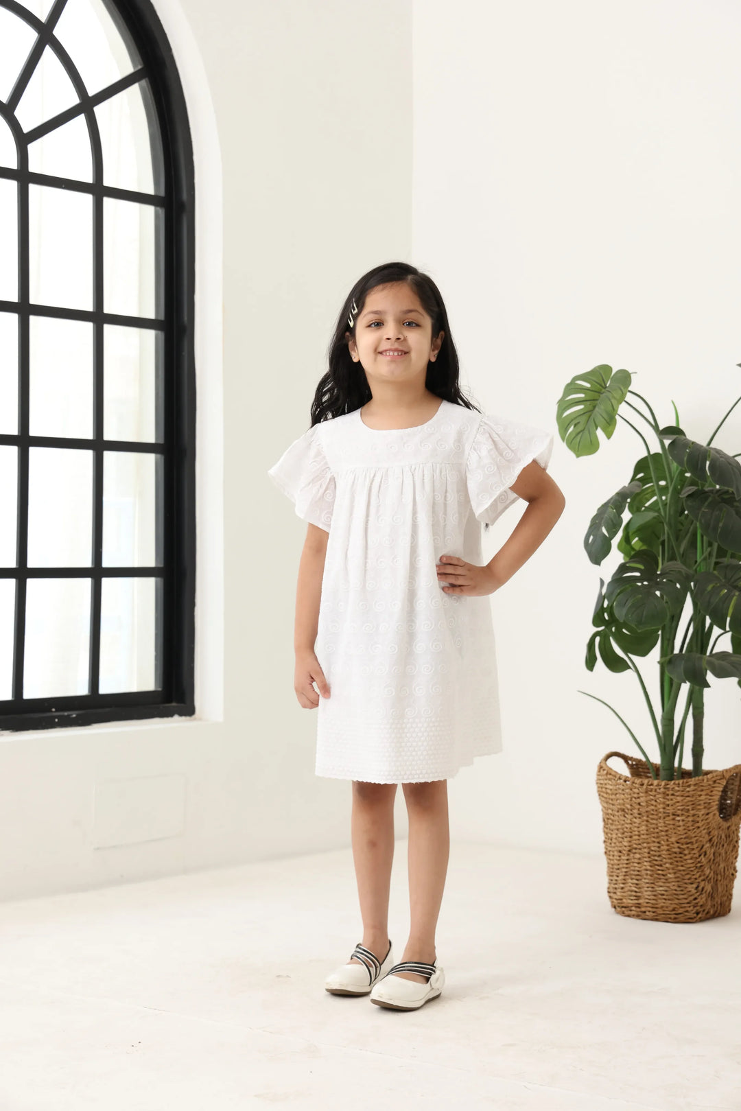 Spunkies Off White Girls Geometric Embroidered Round Neck Short Sleeves A-Line Dress