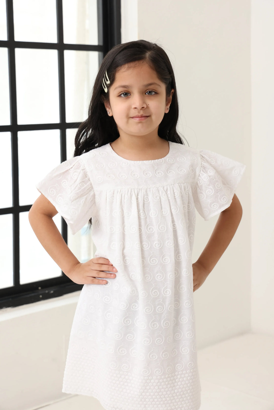 Spunkies Off White Girls Geometric Embroidered Round Neck Short Sleeves A-Line Dress