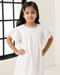Spunkies Off White Girls Geometric Embroidered Round Neck Short Sleeves A-Line Dress