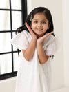 Spunkies Off White Girls Geometric Embroidered Round Neck Short Sleeves A-Line Dress