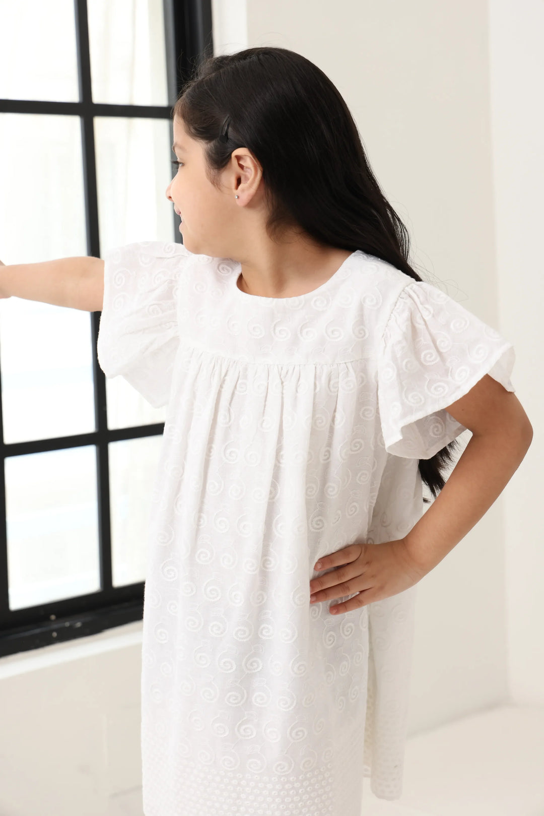 Spunkies Off White Girls Geometric Embroidered Round Neck Short Sleeves A-Line Dress