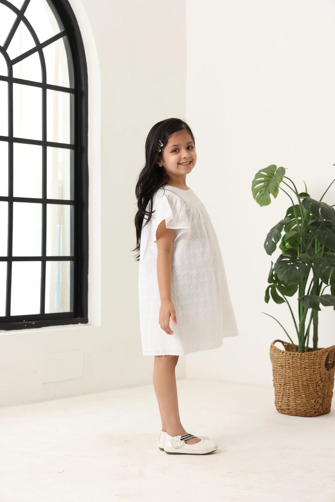 Spunkies Off White Girls Geometric Embroidered Round Neck Short Sleeves A-Line Dress