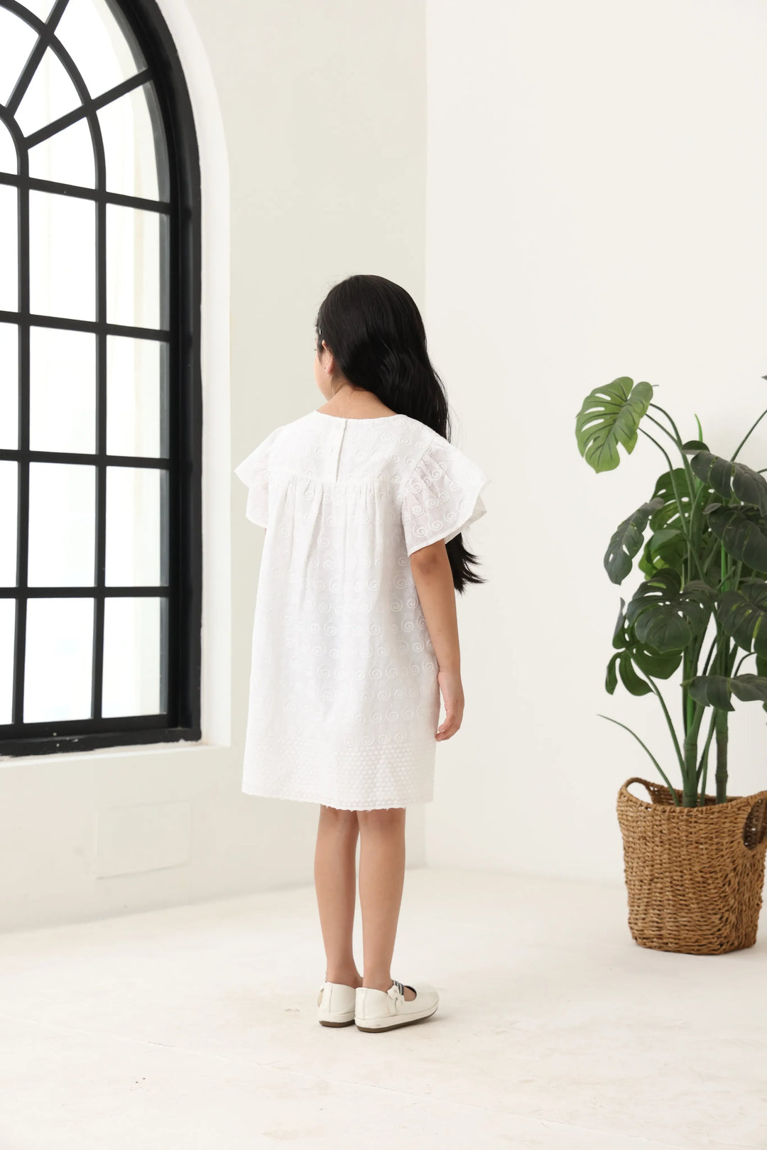 Spunkies Off White Girls Geometric Embroidered Round Neck Short Sleeves A-Line Dress