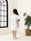 Spunkies Off White Girls Geometric Embroidered Round Neck Short Sleeves A-Line Dress