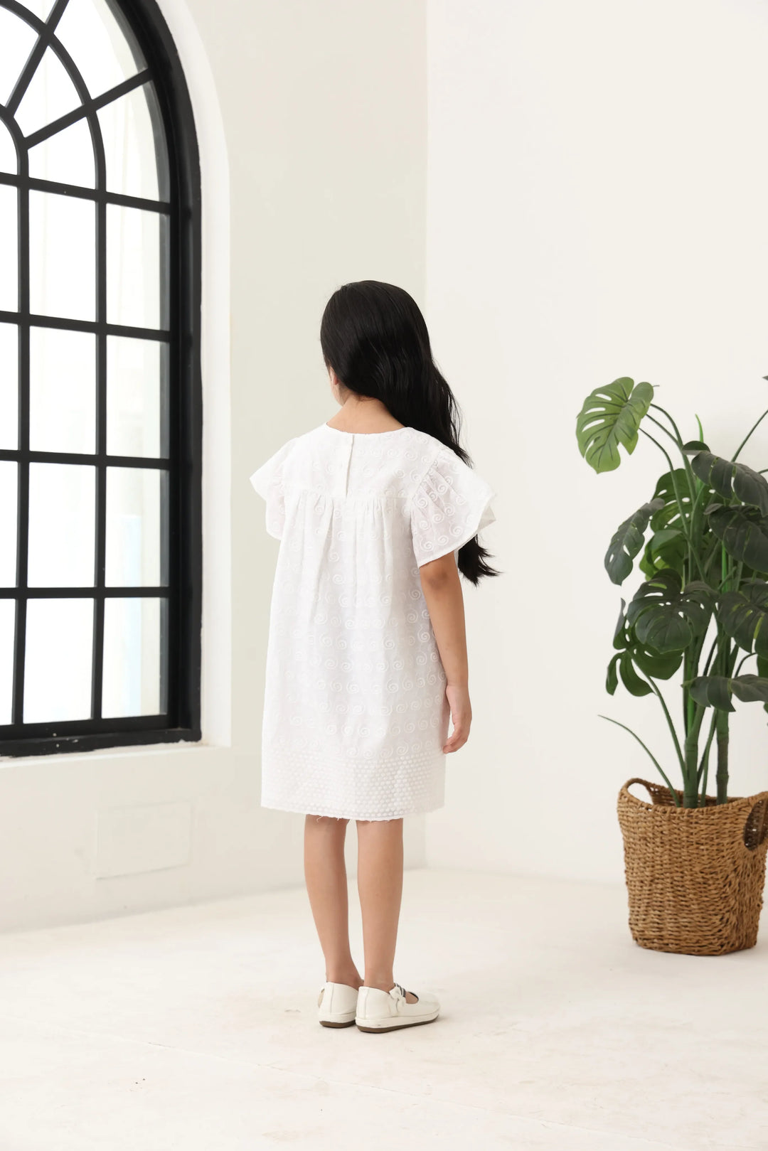 Spunkies Off White Girls Geometric Embroidered Round Neck Short Sleeves A-Line Dress