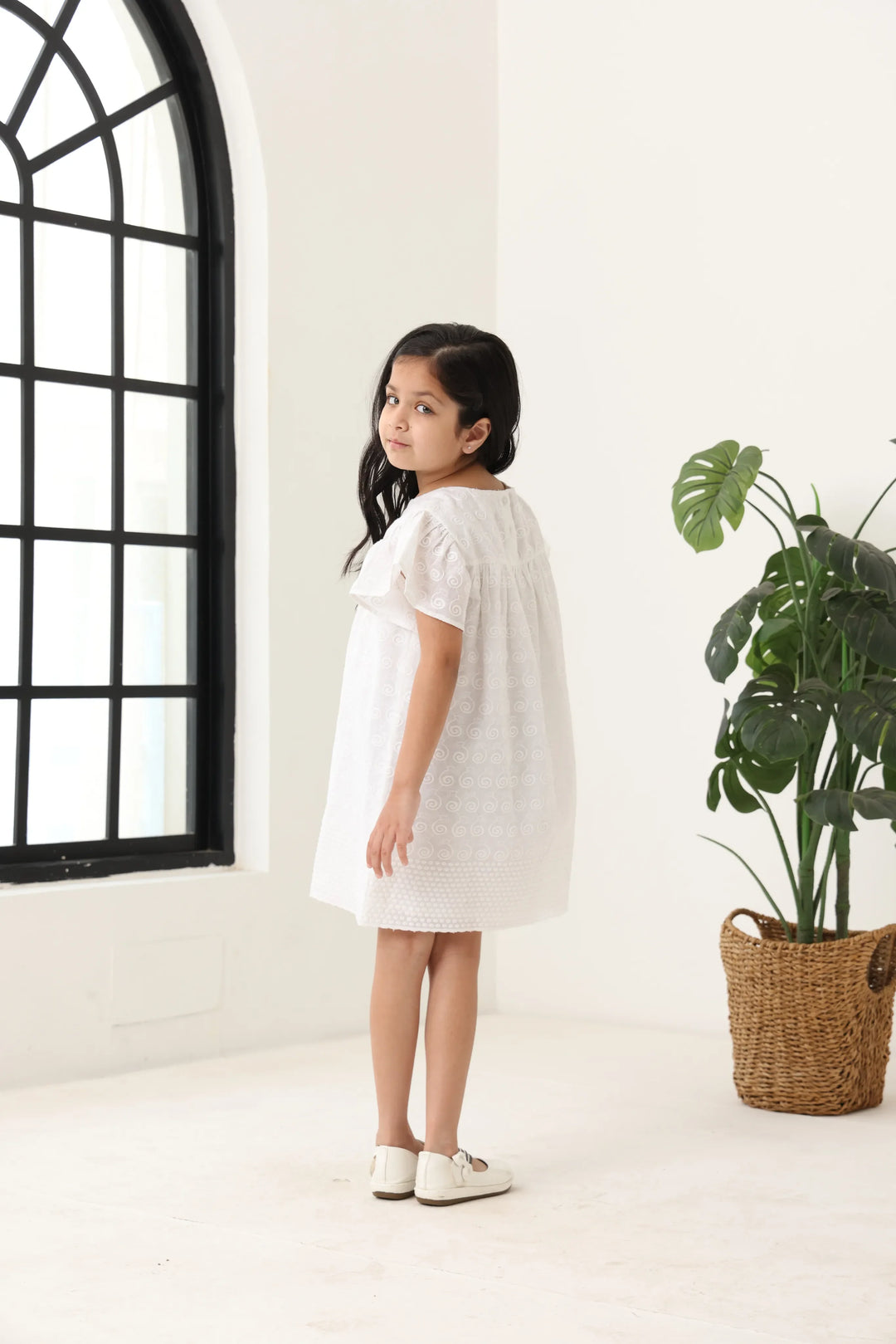 Spunkies Off White Girls Geometric Embroidered Round Neck Short Sleeves A-Line Dress