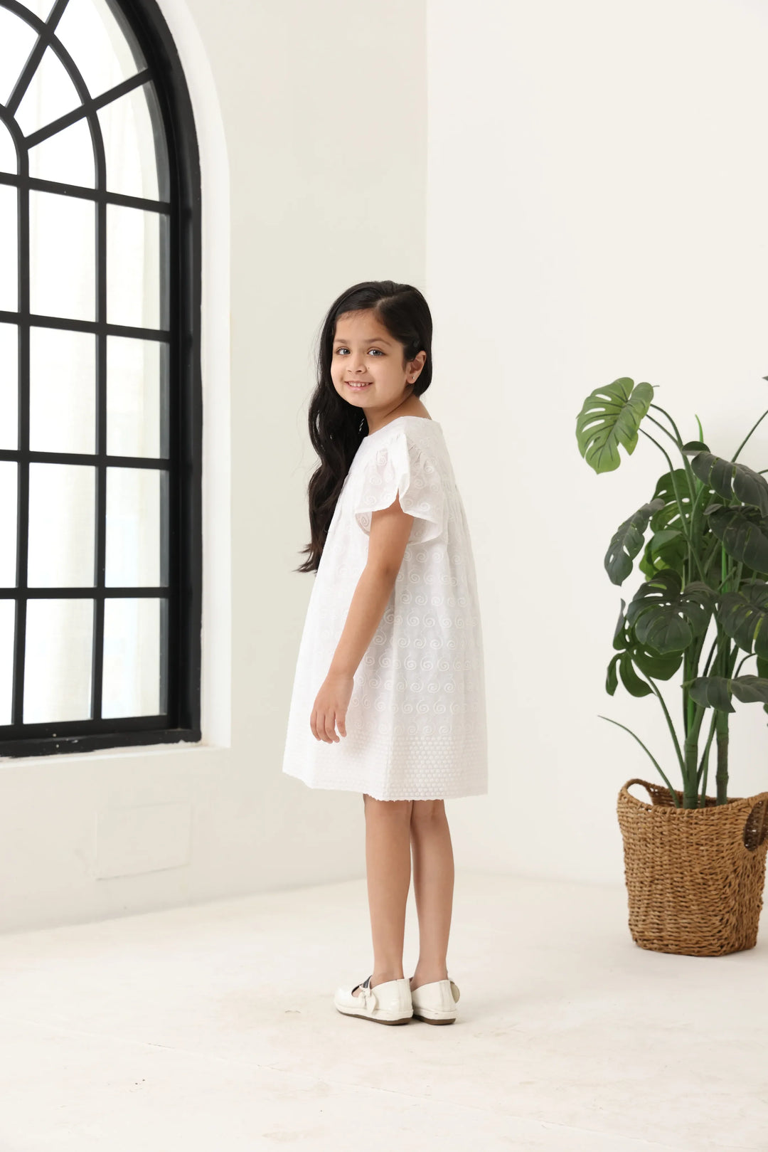 Spunkies Off White Girls Geometric Embroidered Round Neck Short Sleeves A-Line Dress