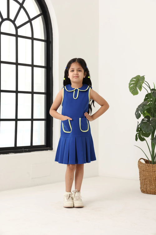 Spunkies Blue Girls Solid Peter Pan Collar Sleeveless Pleated A-Line Dress