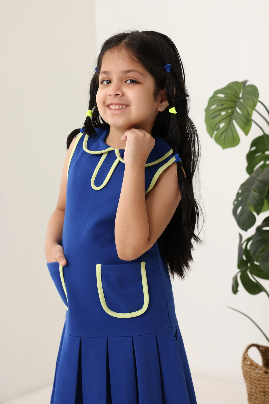 Spunkies Blue Girls Solid Peter Pan Collar Sleeveless Pleated A-Line Dress
