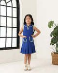 Spunkies Blue Girls Solid Peter Pan Collar Sleeveless Pleated A-Line Dress