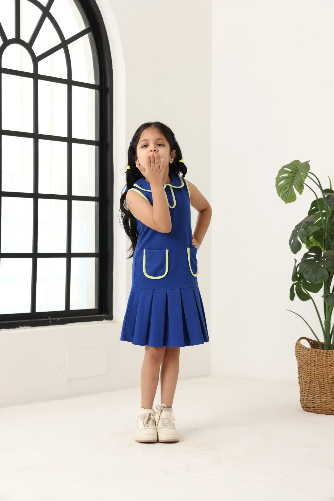 Spunkies Blue Girls Solid Peter Pan Collar Sleeveless Pleated A-Line Dress