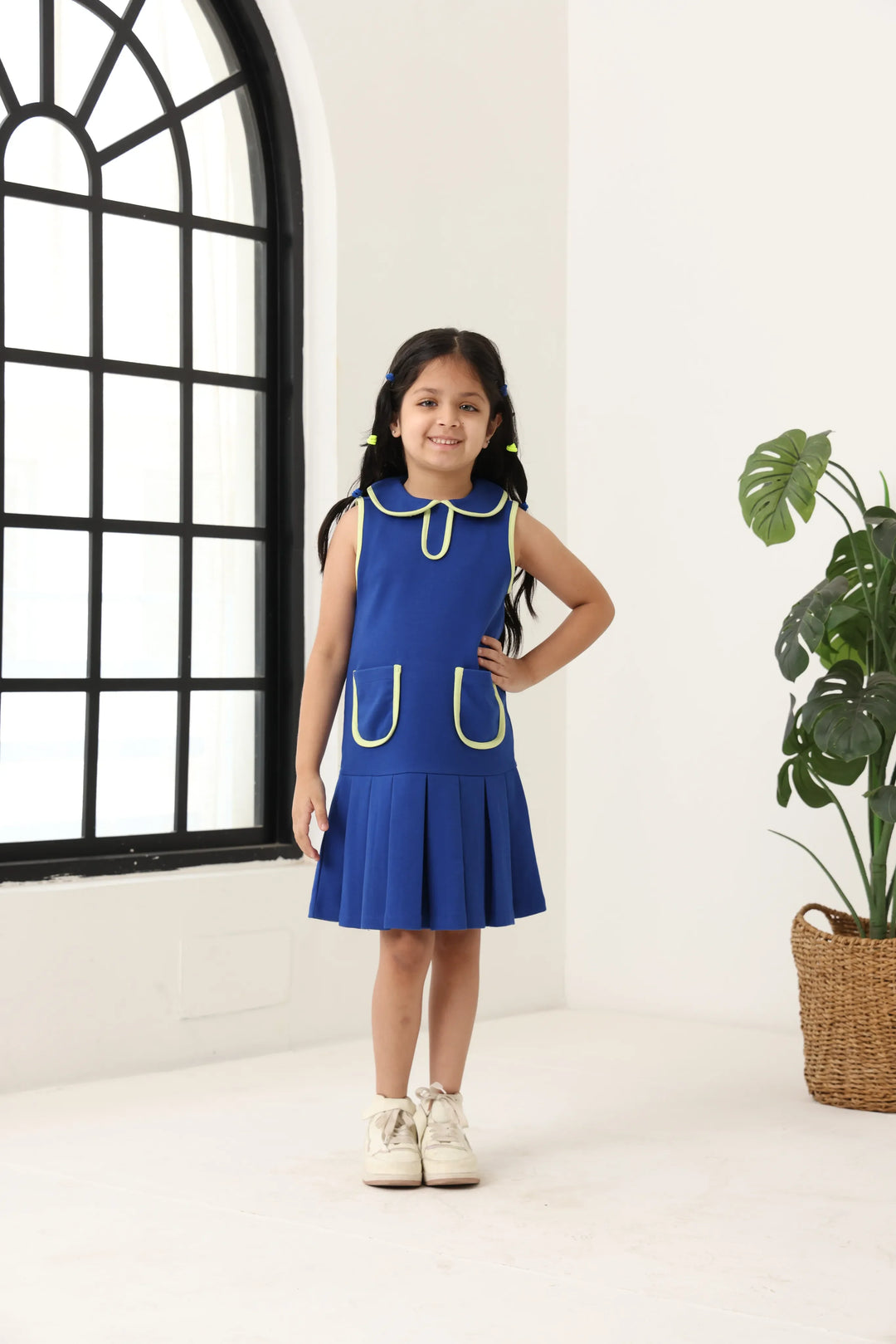 Spunkies Blue Girls Solid Peter Pan Collar Sleeveless Pleated A-Line Dress