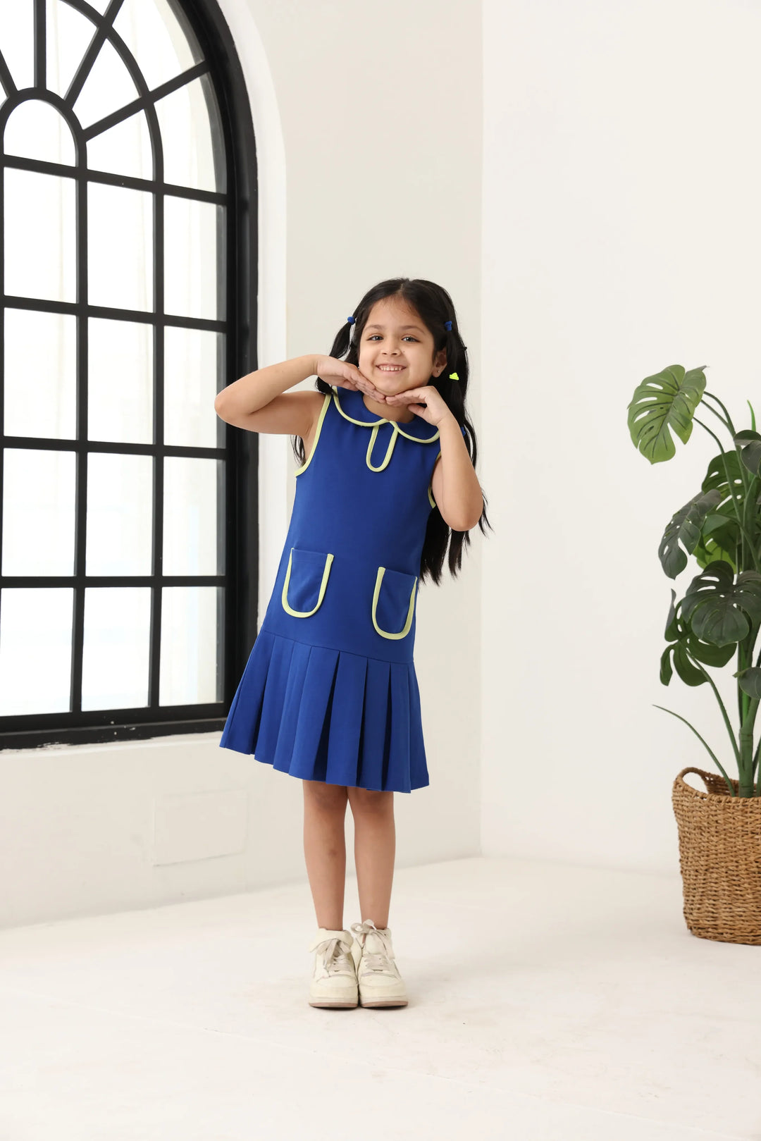 Spunkies Blue Girls Solid Peter Pan Collar Sleeveless Pleated A-Line Dress