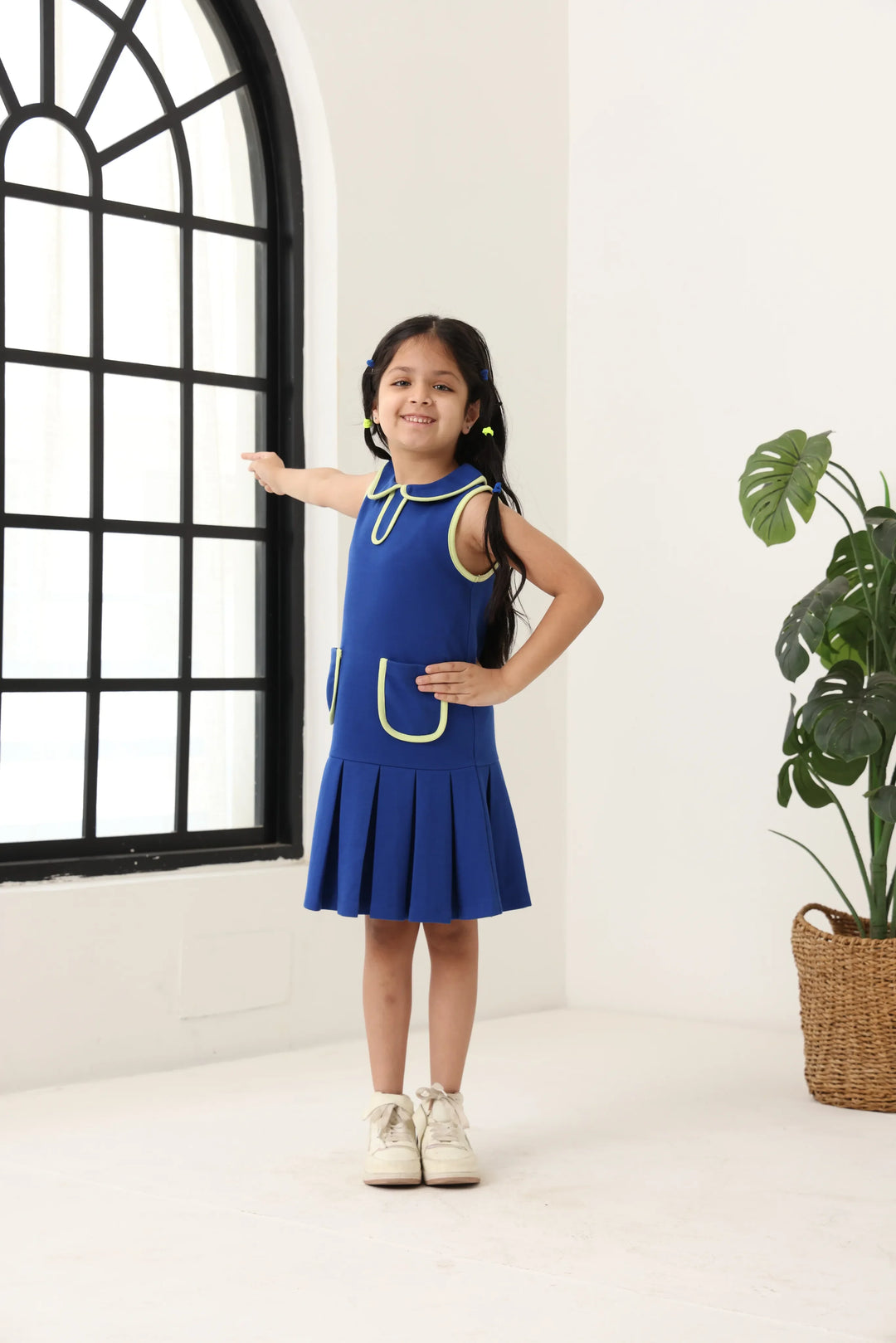 Spunkies Blue Girls Solid Peter Pan Collar Sleeveless Pleated A-Line Dress