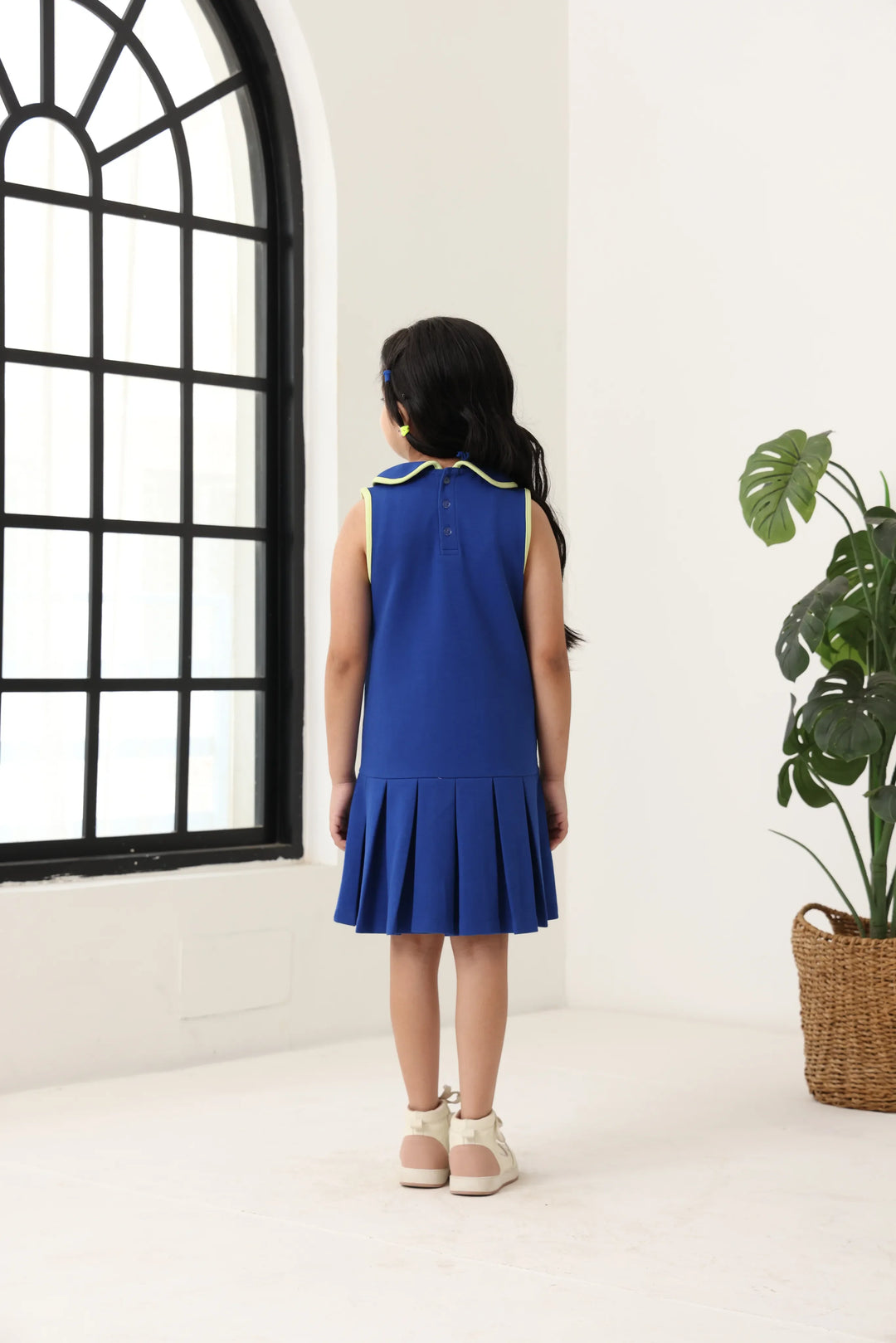 Spunkies Blue Girls Solid Peter Pan Collar Sleeveless Pleated A-Line Dress