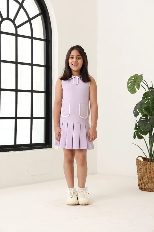 Spunkies Purple Girls Solid Peter Pan Collar Sleeveless Pleated A-Line Dress