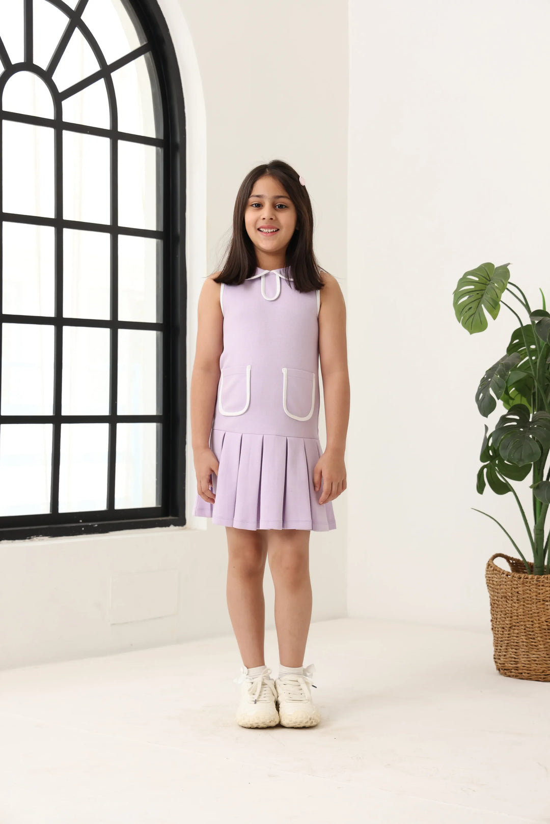 Spunkies Purple Girls Solid Peter Pan Collar Sleeveless Pleated A-Line Dress