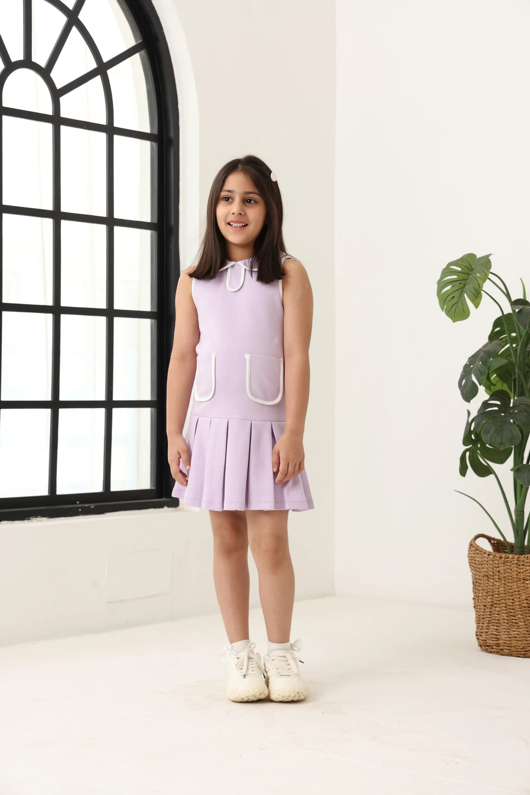 Spunkies Purple Girls Solid Peter Pan Collar Sleeveless Pleated A-Line Dress