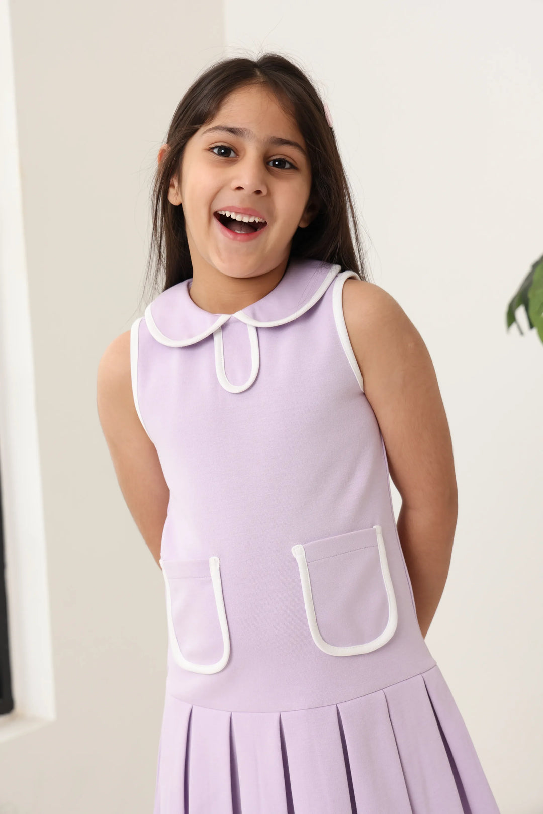 Spunkies Purple Girls Solid Peter Pan Collar Sleeveless Pleated A-Line Dress