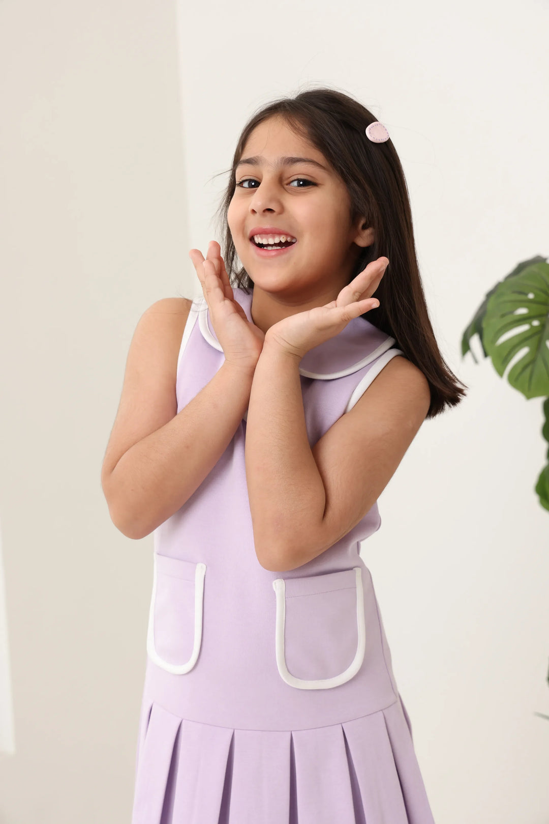 Spunkies Purple Girls Solid Peter Pan Collar Sleeveless Pleated A-Line Dress