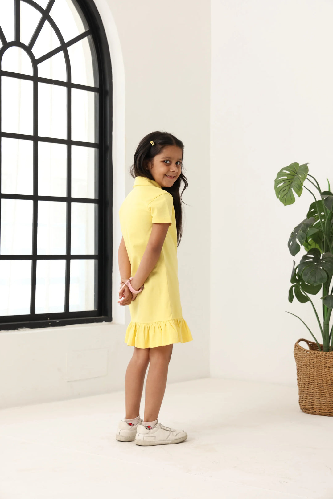 Spunkies Yellow Girls Solid Collared Short Sleeves T-Shirt Dress