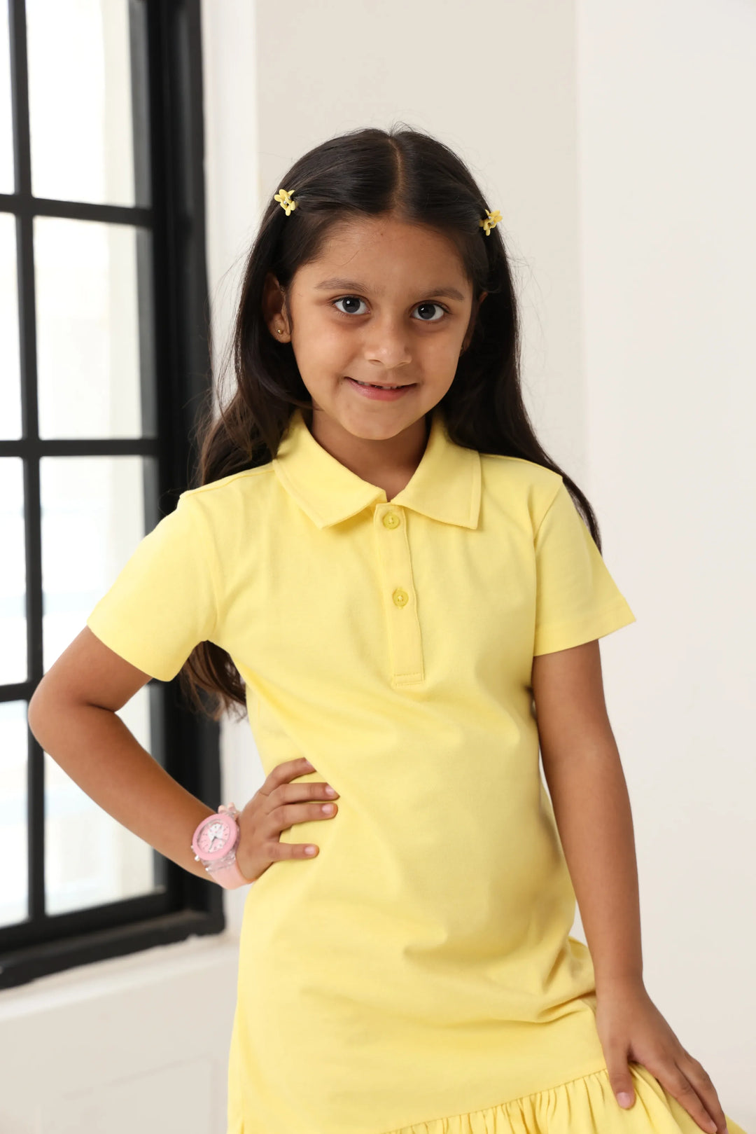 Spunkies Yellow Girls Solid Collared Short Sleeves T-Shirt Dress