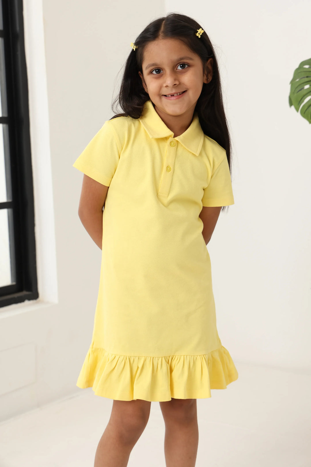 Spunkies Yellow Girls Solid Collared Short Sleeves T-Shirt Dress