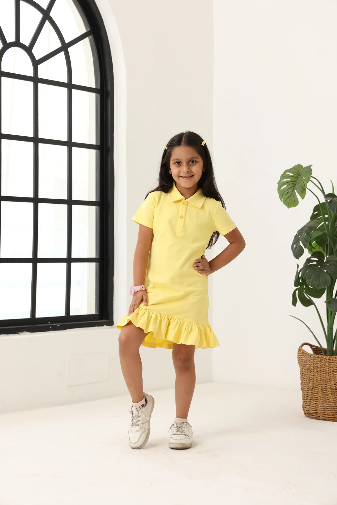 Spunkies Yellow Girls Solid Collared Short Sleeves T-Shirt Dress