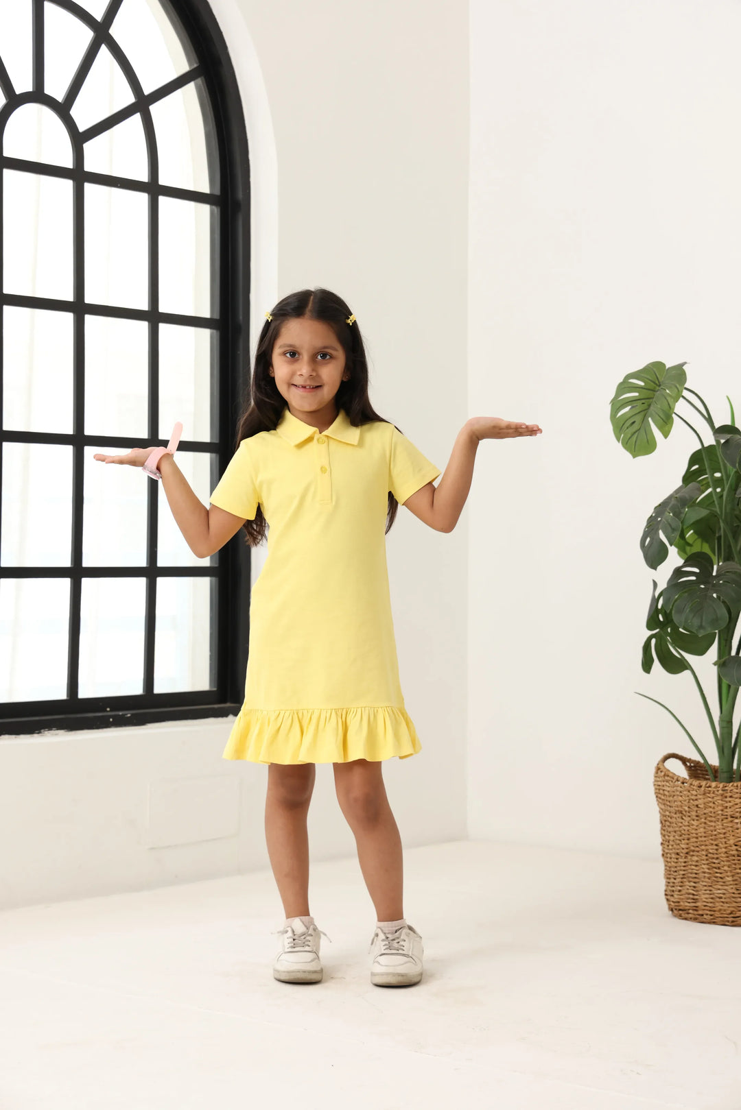 Spunkies Yellow Girls Solid Collared Short Sleeves T-Shirt Dress