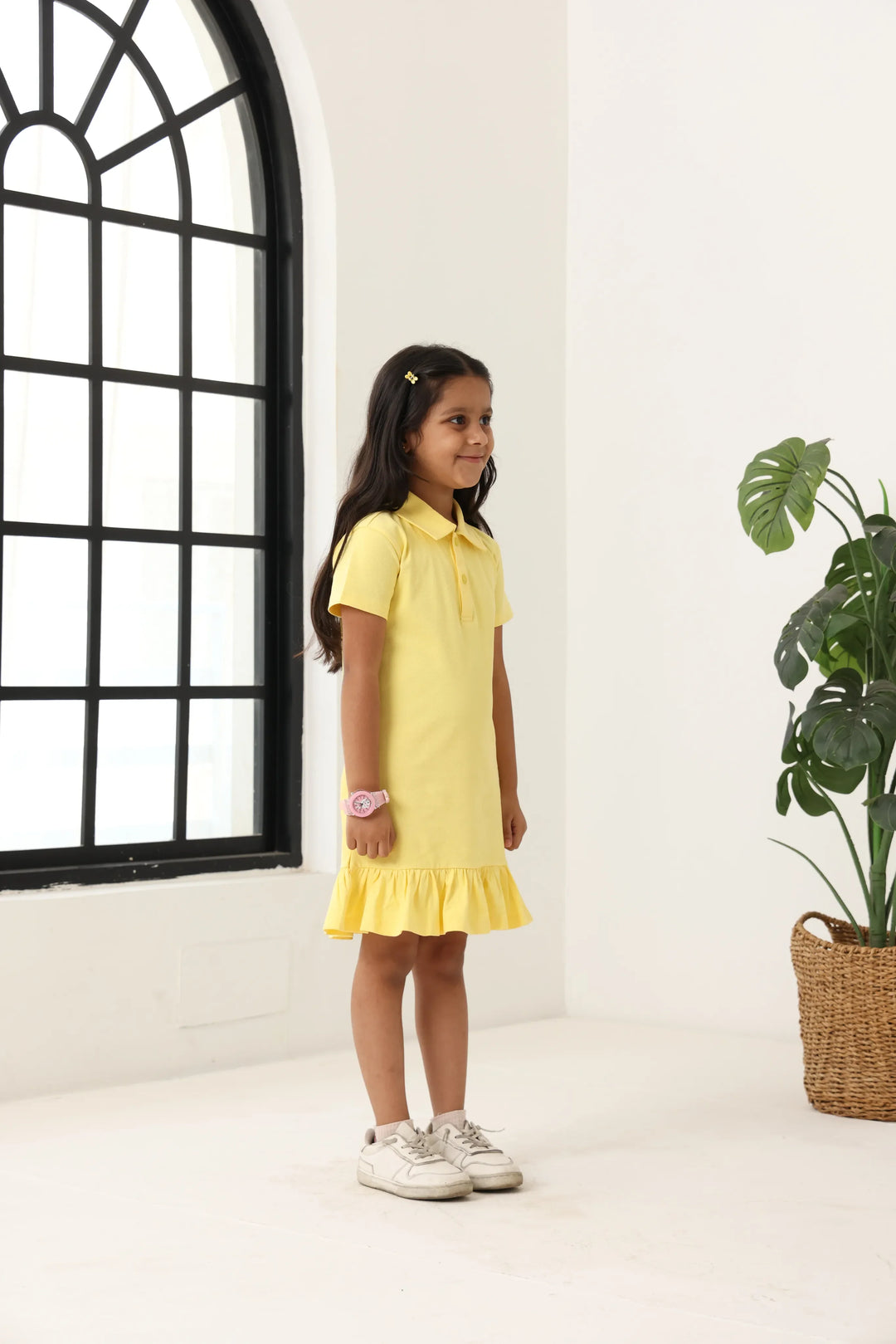Spunkies Yellow Girls Solid Collared Short Sleeves T-Shirt Dress