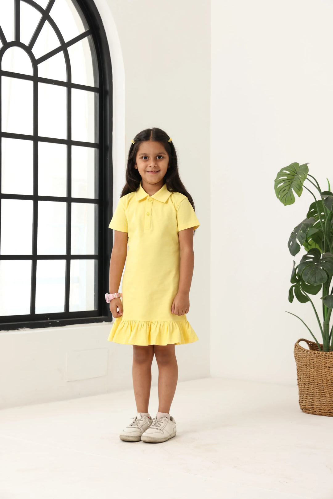 Spunkies Yellow Girls Solid Collared Short Sleeves T-Shirt Dress