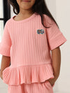 Spunkies Girls Pink Textured Round Neck Short Sleeves Peplum Top and Shorts Set