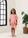 Spunkies Girls Pink Textured Round Neck Short Sleeves Peplum Top and Shorts Set