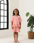 Spunkies Girls Pink Textured Round Neck Short Sleeves Peplum Top and Shorts Set