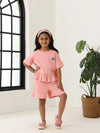 Spunkies Girls Pink Textured Round Neck Short Sleeves Peplum Top and Shorts Set