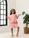 Spunkies Girls Pink Textured Round Neck Short Sleeves Peplum Top and Shorts Set