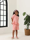 Spunkies Girls Pink Textured Round Neck Short Sleeves Peplum Top and Shorts Set