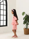 Spunkies Girls Pink Textured Round Neck Short Sleeves Peplum Top and Shorts Set
