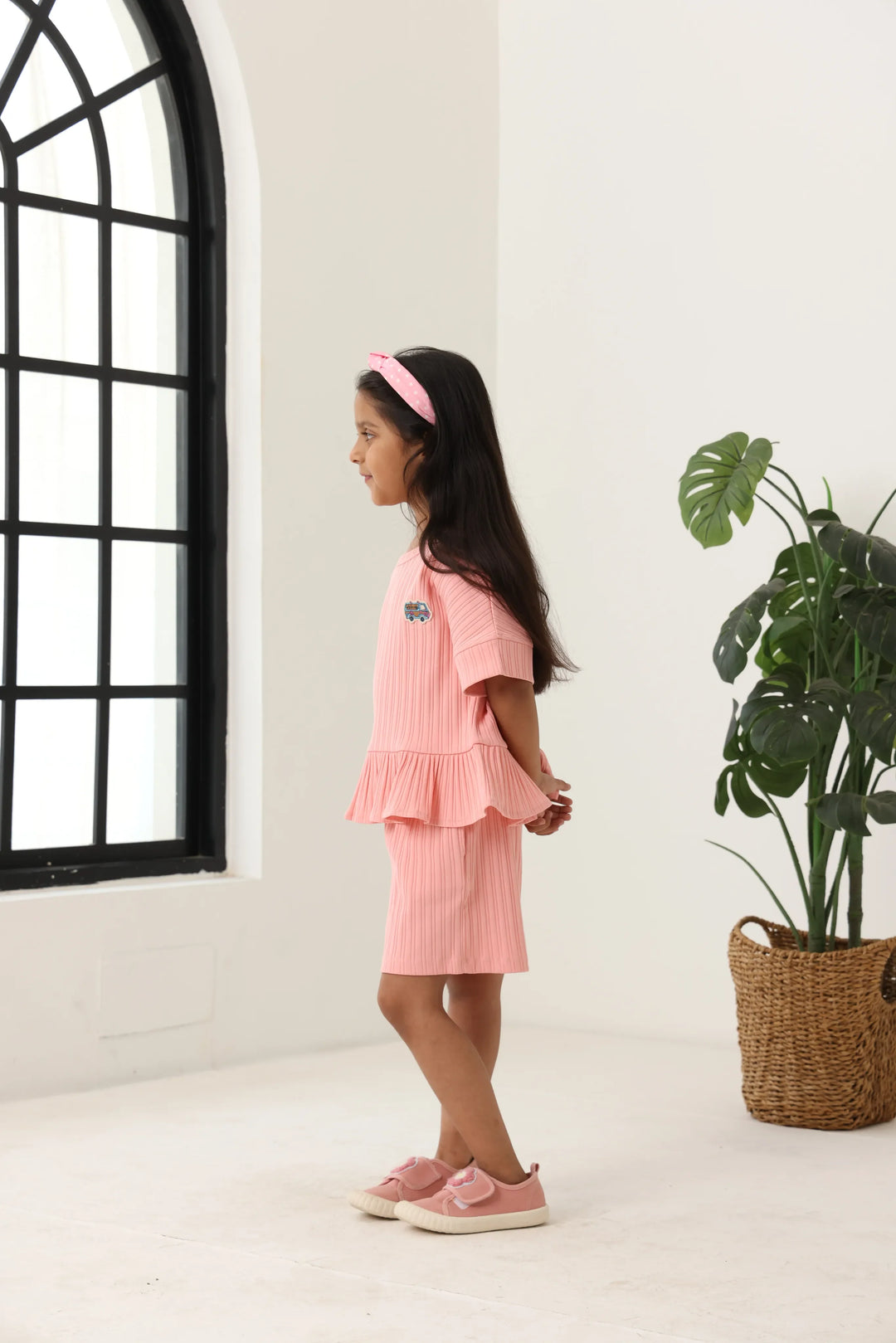 Spunkies Girls Pink Textured Round Neck Short Sleeves Peplum Top and Shorts Set