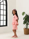 Spunkies Girls Pink Textured Round Neck Short Sleeves Peplum Top and Shorts Set