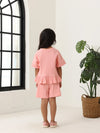 Spunkies Girls Pink Textured Round Neck Short Sleeves Peplum Top and Shorts Set