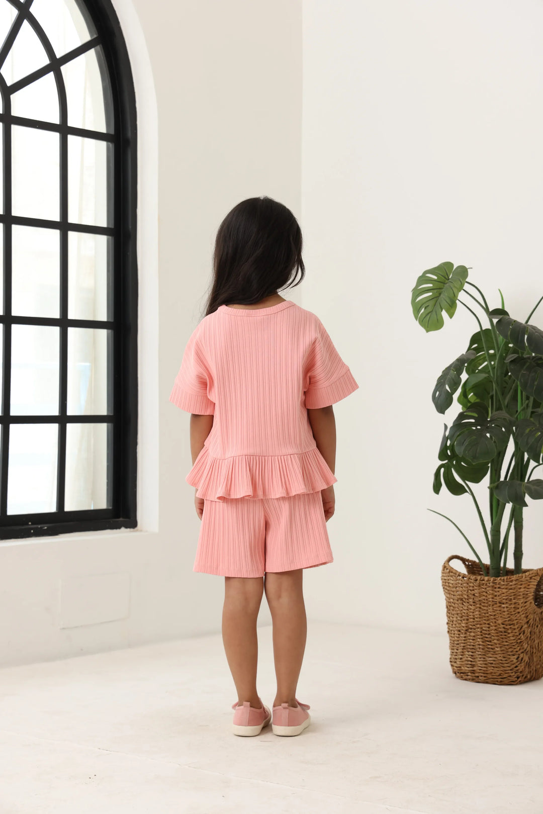 Spunkies Girls Pink Textured Round Neck Short Sleeves Peplum Top and Shorts Set