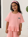 Spunkies Girls Pink Textured Round Neck Short Sleeves Peplum Top and Shorts Set