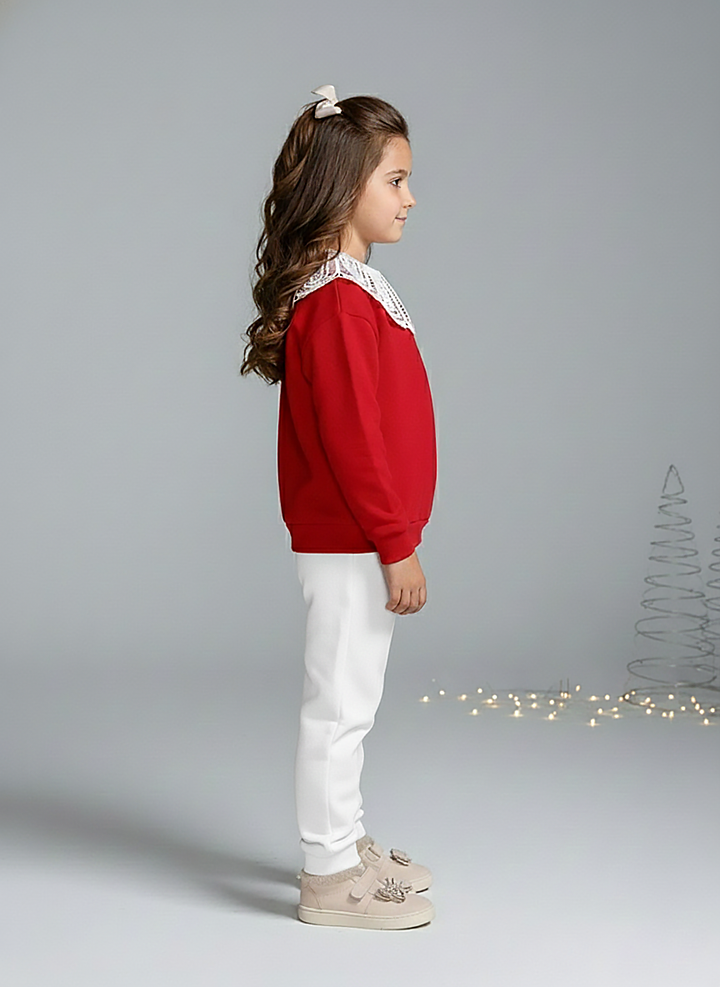 Girls' Red Lace Peter Pan Collar Sweatshirt