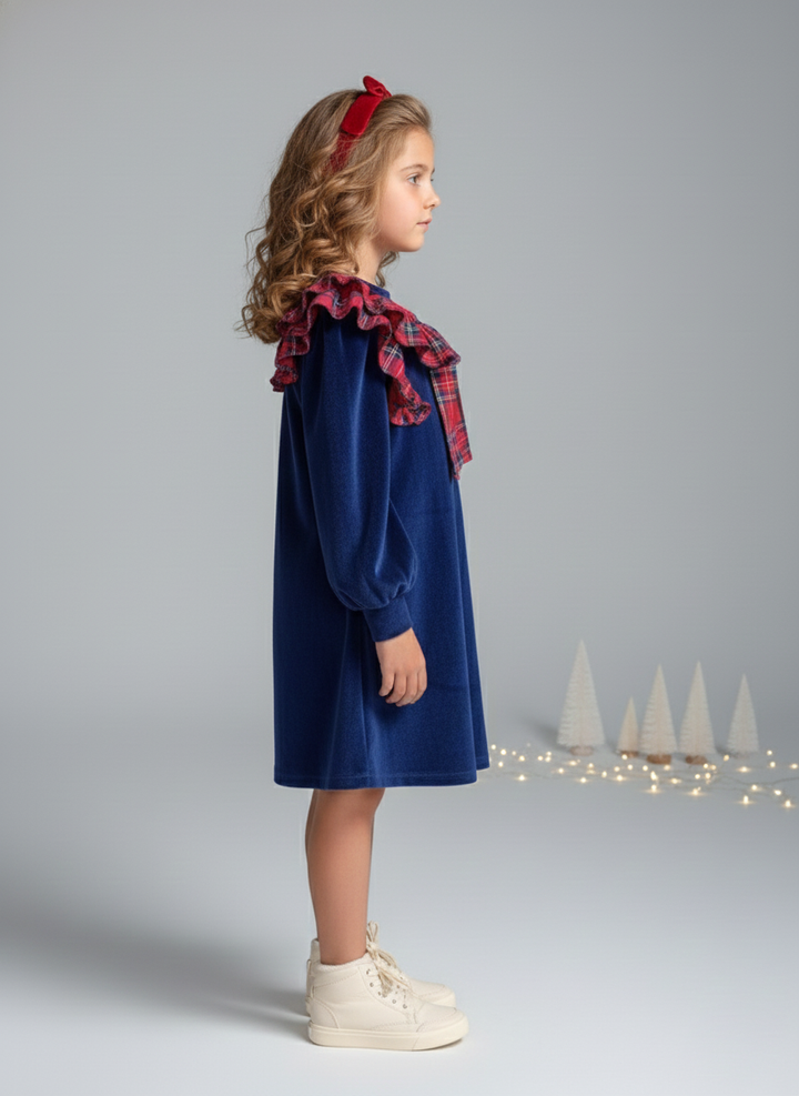 Girl's Navy Blue Velvet Dress with Plaid Ruffle Collar