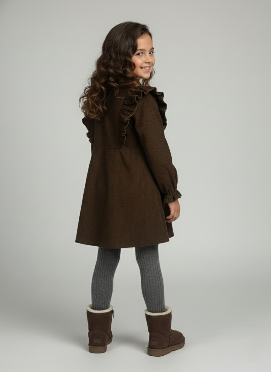 Girls Brown Rib Texture Corduroy Dress