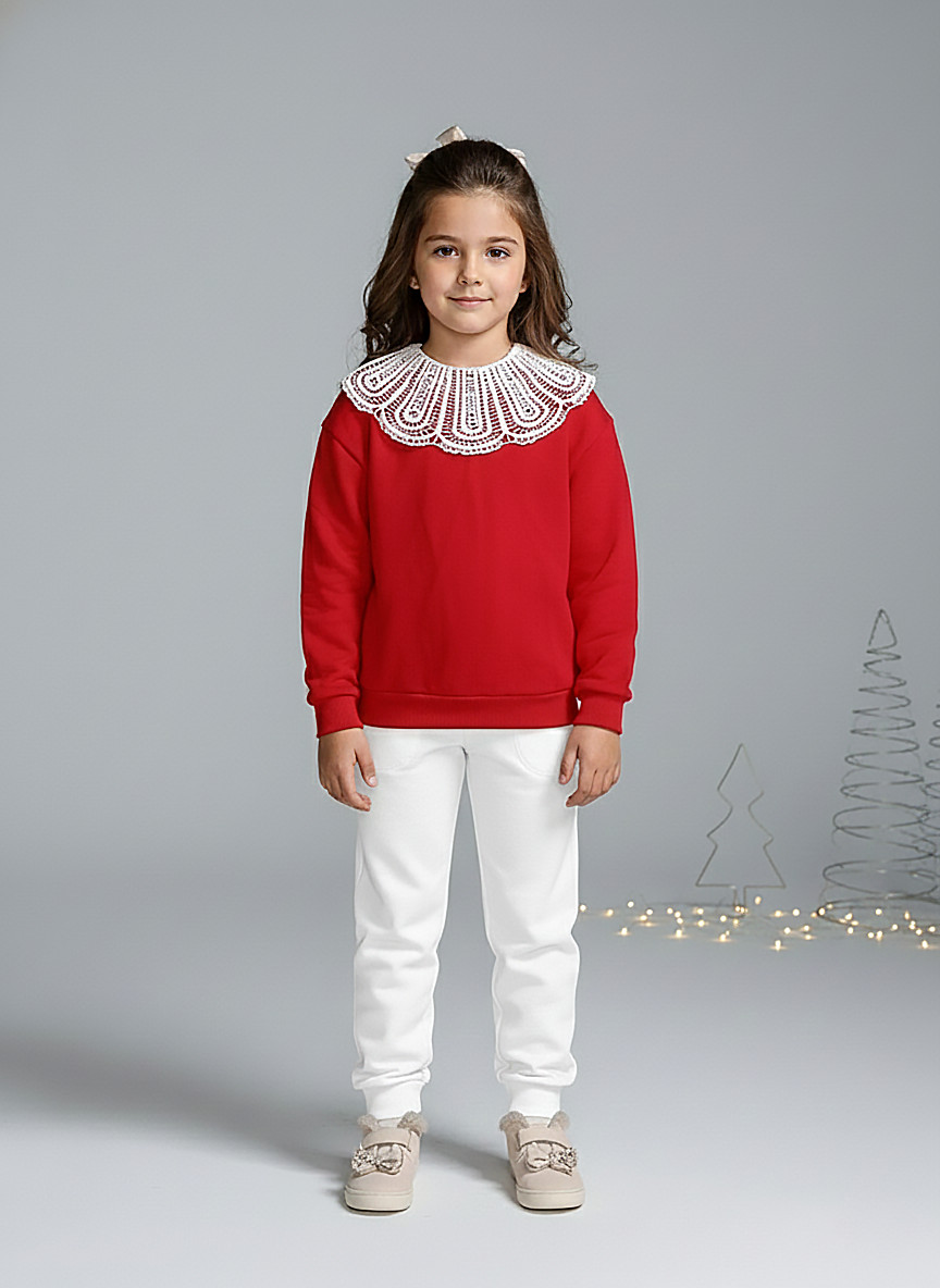 Girls' Red Lace Peter Pan Collar Sweatshirt