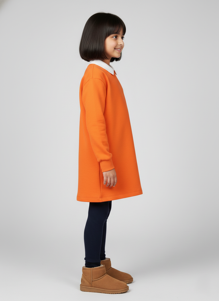 Girls Orange Collar Neck Solid Dress