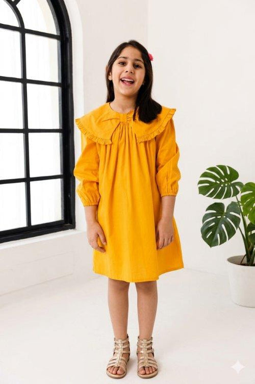 Girls Mustard  Frill Collar Kids Dress